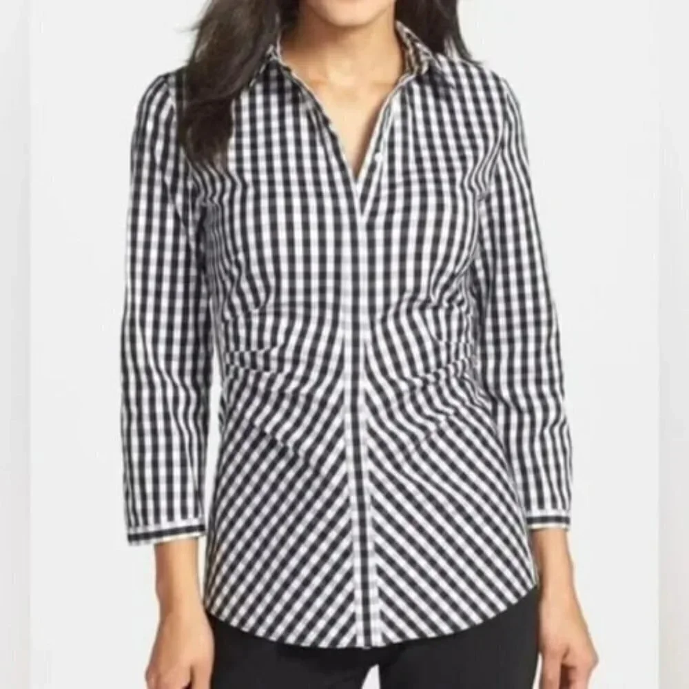Lafayette 148 Leigh Gingham Poplin Button Front Shirt Sz 6 Classic Preppy - Picture 2 of 8